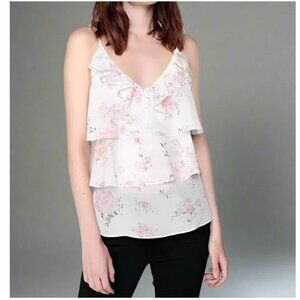 The Kooples Silk Floral Camisole XS White Tiered Sleeveless V Neck Ruffle Cream